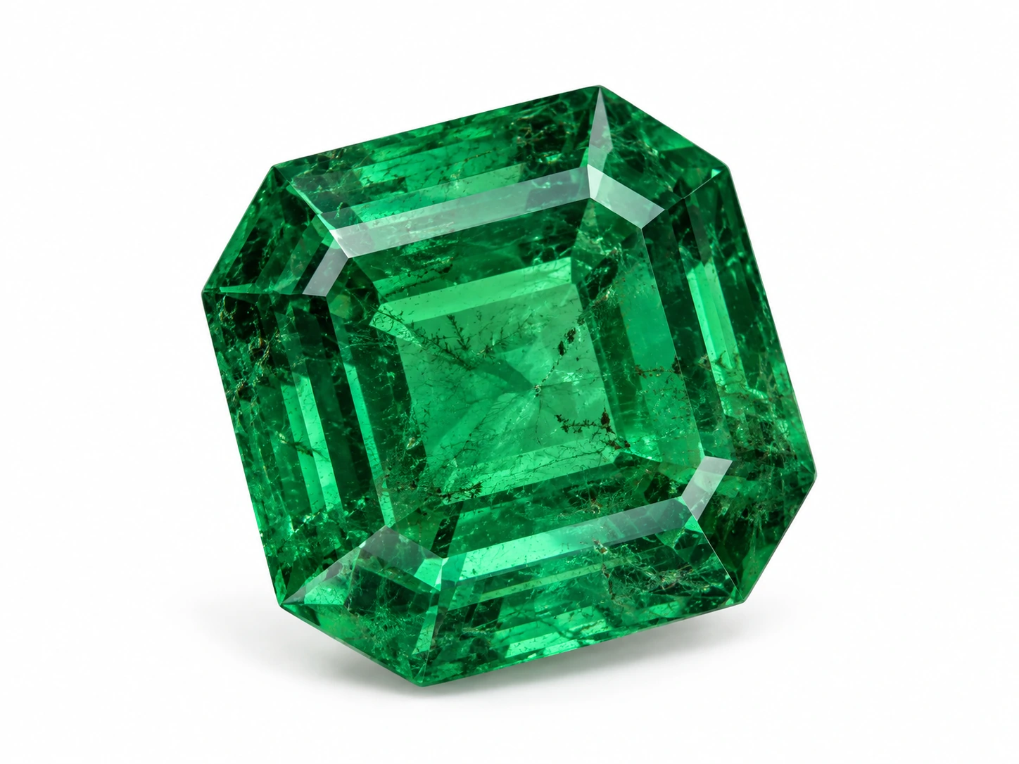 Faceted emerald with visible natural inclusions — illustrative image